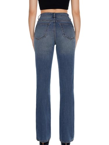 BlueMoment Straight Leg Jeans for Women High Rise Stretchy Slim Fit Jeans Soft Trendy Boyfriend Raw Hem Jean Casual Mid Blue2