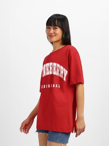 Image of JUNEBERRY Pure Cotton Oversized Drop Shoulder Brand Logo Typography Print Round-Neck Baggy Fit T-Shirt for Women (Available in Navy, Green & Pink Colors)