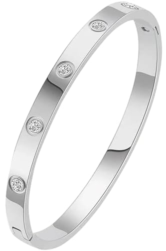 Heyjoin Women's Stainless Steel Bracelet Crystal Oval Bangle Round Bracelets (Crystal Silver)