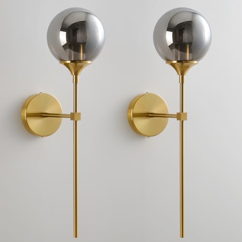 Mid Century Globe Wall Sconce - Set of 2 Modern Milk Glass Round Sconces - Black and Gold Brass Light Fixtures with Dimmable Bulbs - Ball Indoor Lighting for Bathroom Bedroom Living Room Van