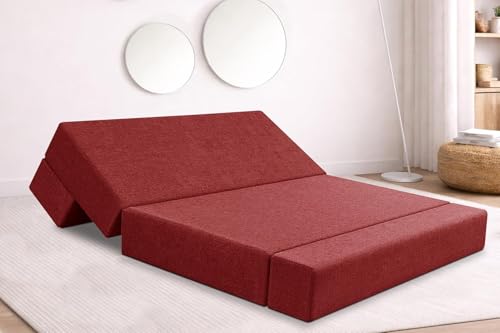 Image of Rosebell Two Seater Foldable Sofa Cum Bed (4x6 Feet) Jute Fabric, Washable Removable Cover, Includes Cushion | Space Saving Convertible Sofa Bed for Home, Office & Guests - Red Color