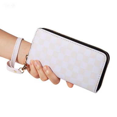 Image of Checkered Cow Print Wallet For Women Skull Goth Frog Butterfly Turtle Ladies Cluth Wristlet Wrist Strap Long Purse Zip Around Card Holder