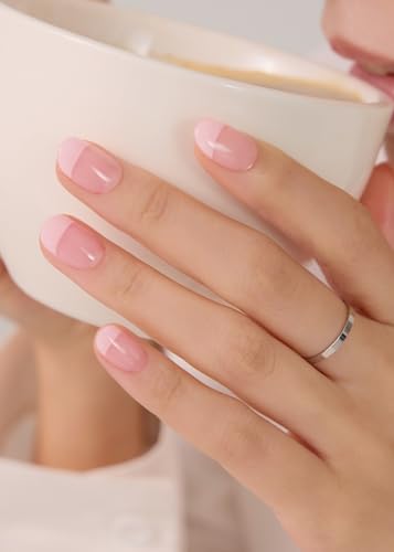 Image of ohora Semi Cured Gel Nail Strips (N Romantic French) - Pink, French, Works with Any UV /LED Lamps, Salon-Quality, Long Lasting, Easy to Apply & Remove - Includes 2 Prep Pads, Nail File & Wooden Stick