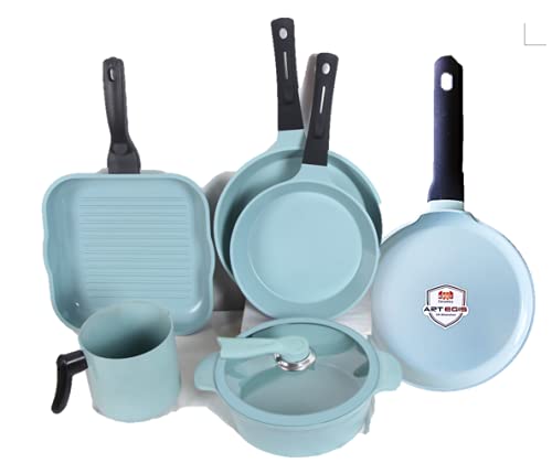 7 piece JADE COOK Set 9.5  Fry Pan, 11  Fry pan, 10  Round griddle, 11  Square grill pan 9.5  Casserole, 5.5  Milk Pot (KFCC Die Cast)