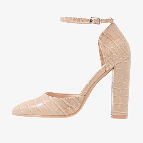 MOOMMO Women Pointed Toe Chunky Pumps Ankle Strap High Heel Summer Sandals 4 Inch Block Heel Crocodile Pattern Closed Toe Buckle Fashion Wedding Office Dress Comfortable Shoes Size 4-13 M US3