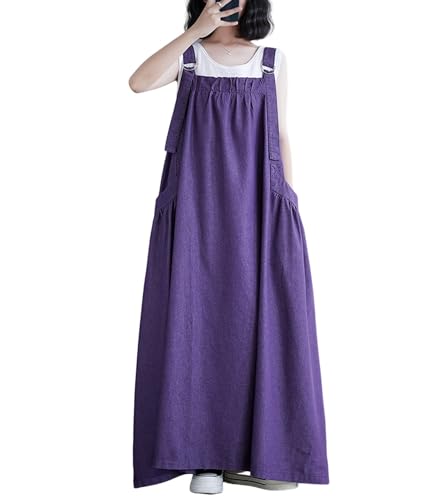 Image of Women's Casual Loose Denim Dress Sleeveless Adjustable Straps Denim Jumper Dress with Pockets