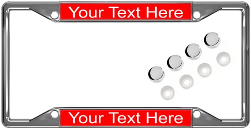 Personalized 4 Hole Chrome Metal Laser Engraved Standard Size (6”X12”) With Custom Text Design - Car License Plate Frame With Free Caps - Red/White Text (Qty: 1 Frame) #TOP9