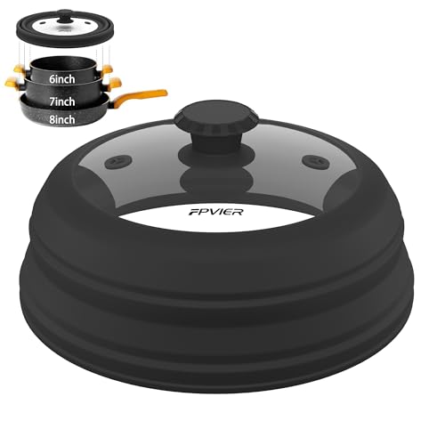 Image of FPVIER Collapsible Microwave Splatter Cover - Vented Silicone & Glass Lid with Easy-Grip Handle, Fits 6 to 8 Inch Plates & Bowls, 9 Inch Diameter, Prevents Splatters & Ensures Even Heating