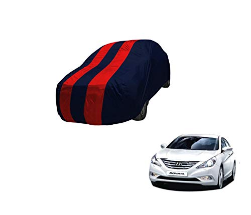 Image of Auto Hub Car Cover Compatible with Hyundai Sonata with Mirror Pocket,Triple Stitched, Weather Proof, Sonata Car Cover- Navy-Red