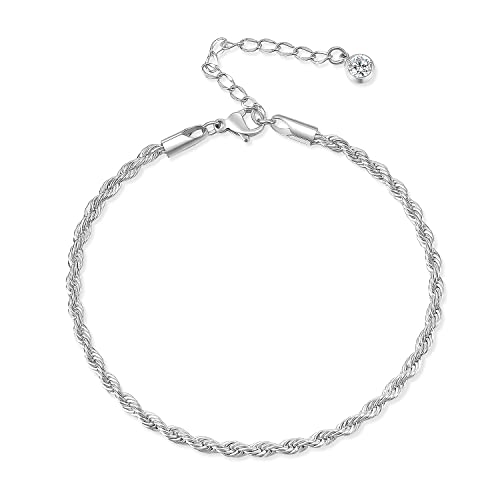 QJLE Silver Anklets for Women Waterproof, 3mm Stainless steel Braided Rope Chain Silver Anklet Ankle Bracelets for Women No Tarnish