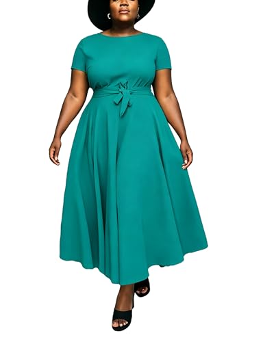 Image of Hostoyo Women Plus Size Formal A Line Maxi Dress Self Tie Waist with Pockets Elegant Round Neck Swing Long Dresses