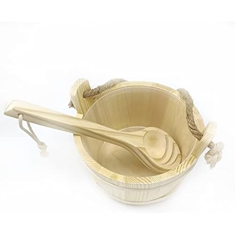 HJJKKH Sauna Bucket Ladle Set-Sauna Accessories with Handmade Wooden Bucket Ladle Plastic Liner Rope Handle for Sauna Steam Room (Rope Handle-1) Cover