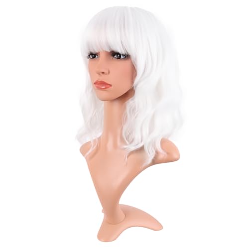 Image of MapofBeauty 14 Inch /35 cm Short Wavy Curly Women Fresh Bright Synthetic Ordinary Flat Bangs Bob Wig (White)