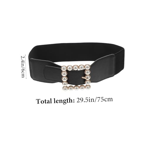 Ladies Elastic Pearl Waistband with Square Buckle Decorative Cummerbund Belt for Dresses and Outfits Black2