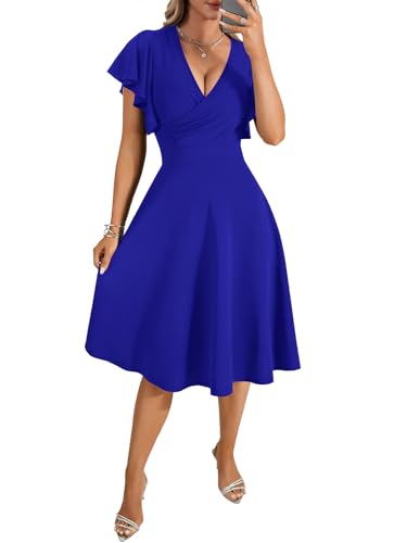 Image of LYANER Women's Warp V Neck Ruffle Short Sleeve A Line Swing Flared Cocktail Party Midi Dress
