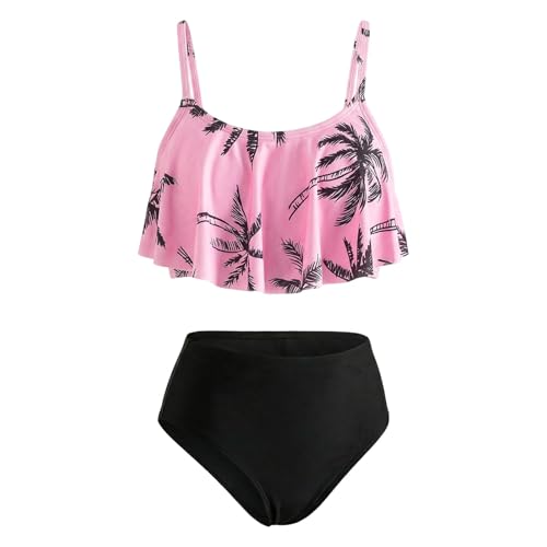 Keyck Girls Bikini Set 2 Pieces Swimming Costume Quick Dry Printed Ruffles Tops and Bottoms Swimsuit with Adjustable Straps Bathing Suit Summer Holiday Beach Pool Swimwear for Kids 7-8 Years, Rose