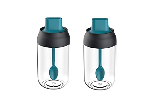 Luximal Borosilicate Glass Pickle Jar with Attached Spoon and Lid for Dining Table, Seasoning Jar Spice Jar with Spoon Set for Kitchen – 250 ML (2)