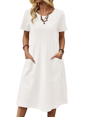 Zeagoo Women's Summer Casual Dresses Short Sleeve Cotton Linen Dress Crewneck Flowy Swing Gauze Dress with Pockets,White,S