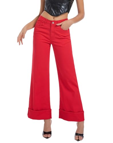 Wide Leg Jeans Woman Stretchy Cuffed High Waisted Baggy Jeans Loose Denim Pants