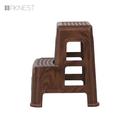 Image of Oaknest Supreme Multipurpose Plastic 2-Step Stool for Kids & Adults - Anti-Slip Lightweight Stepping Stool for Kitchen, Bathroom & Home - Teakwood, 2 Piece