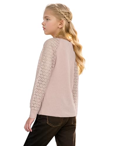 Kereda Girls Long Sleeve Shirts Lace V-Neck Knitted Pullover Casual Blouses Tops Khaki 13-14 Years thumb #3