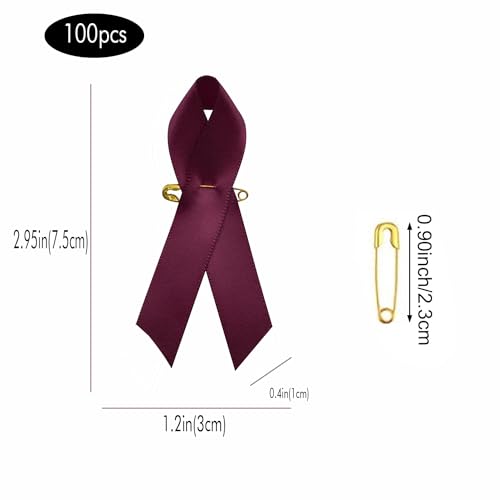 Image of 100pcs Burgundy Ribbon Awareness Satin Pins Cancer Awareness Ribbon Pin with Safety Pin