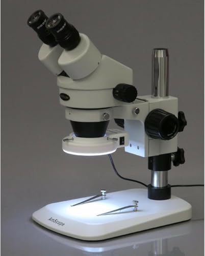 Image of AmScope SM-1BN-64S Professional Binocular Stereo Zoom Microscope, WH10x Eyepieces, 7X-45X Magnification, 0.7X-4.5X Zoom Objective, 64-Bulb LED Ring Light, Pillar Stand, 110V-240V