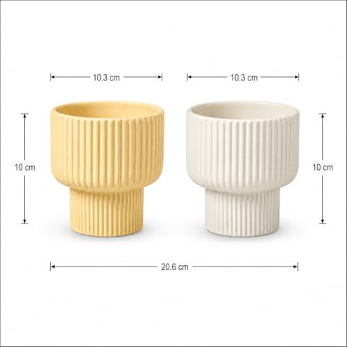 Image of Xtore Chic Ribbed Ceramic Planter Set for Indoor Plants | Modern Decorative Flower Pots for Living Room, Office Desk, Shelf & Tabletop Greenery (Set of 2, Planters only)