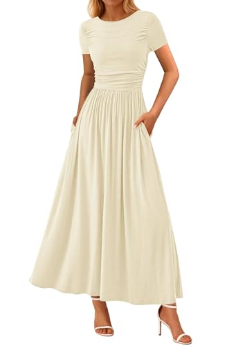 PRETTYGARDEN Women's Casual Dresses 2025 Summer Short Sleeve Ruched Patchwork A Line Pleated Swing Maxi Dress with Pockets