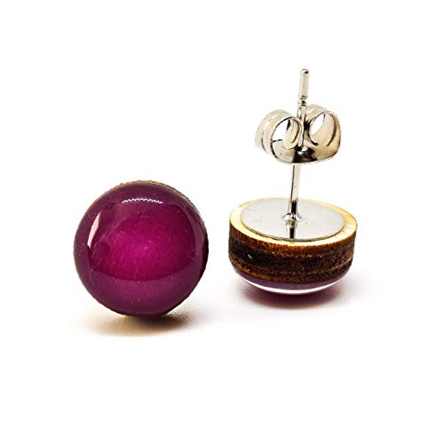 Stud Earrings, Plum Purple, 10 mm, Round Studs for Women Girls Men, Handmade Stainless Steel Posts for Sensitive Ears, Color Dot