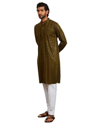 Kurta Pyjama brodé homme tenue ethnique broderie paillettes pantalon slim vert 38