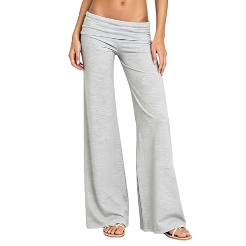 Luckinbaby Womens Flare Skinny Pants Fold Over Leggings Stretch Bootcut Bell Bottom Slim Fit Yoga Pants Y2k Joggers(Lounge Light Grey S)