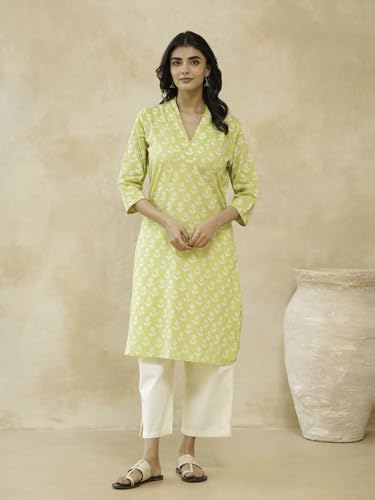 Image of GOODHAND Women Cotton Block Printed Kurta, Straight Fit Ethnic Kurti for Daily,Office & Casual Use