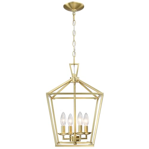 Untrammelife Gold Lantern Chandelier 4-Light Pendant Light Modern Hanging Pendant Light Fixtures in Brushed Brass Finish, Adjustable Metal Chain Geometric Chandelier for Kitchen Island Stair Foyer