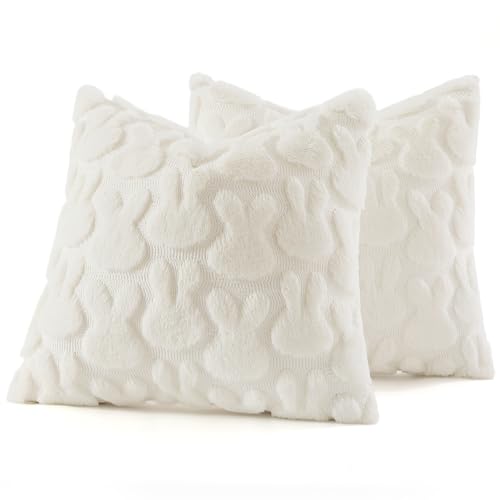 Image of decorUhome Easter Bunny Pillow Covers 16x16 Inch Set of 2, Soft Plush Faux Wool Jacquard Cream White Rabbit Cushion Covers, Farmhouse Neutral Spring Easter Holiday Decor for Couch Sofa Bed