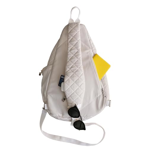 Large Cream Color Quilted Nylon Sling Bag for Women, Light Beige Big Unisex Crossbody Daypack, Lightweight Everyday White One Shoulder Travel Backpack with Hidden Pockets and Bottle Holder3