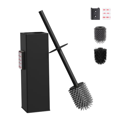 BVL Klobürste Wandmontage Schwarz Klobürstenhalter ohne Bohren Metall Inklusive 2 Bürstenköpfe Toilettenbürste Silikon WC Bürste Eckig