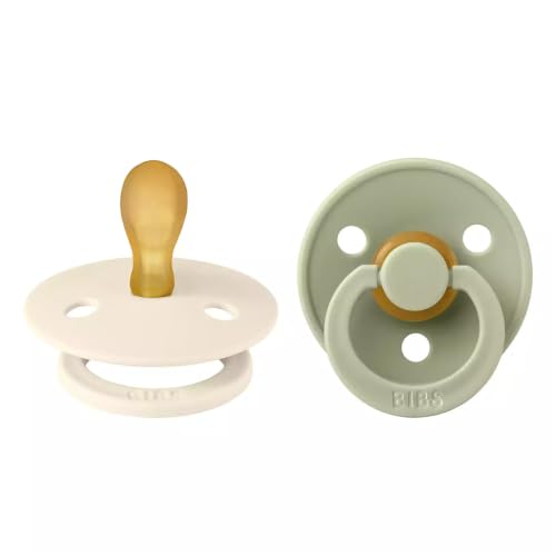 Image of BIBS Pacifiers Colour Collection | Natural Rubber Baby Pacifier | Round Nipple | Set of 2 BPA-Free Soothers | Made in Denmark | 0+ Months (Pack of 2) | Sage/Ivory