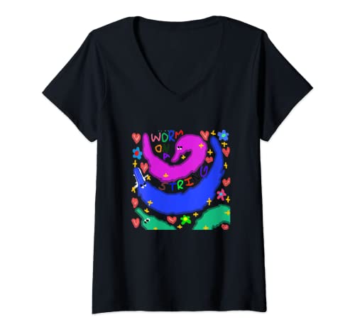 Mujer Colorido Magic Wiggly gusano en un meme de cuerda Camiseta Cuello V