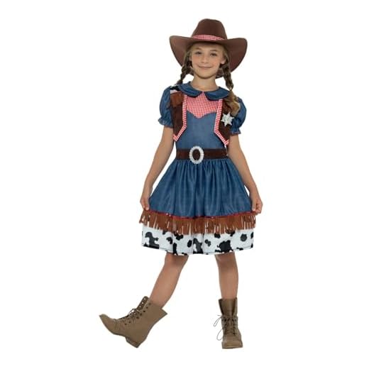 Smiffys Disfraz de vaquera tejana, azul, con vestido, chaleco cosido y sombrero