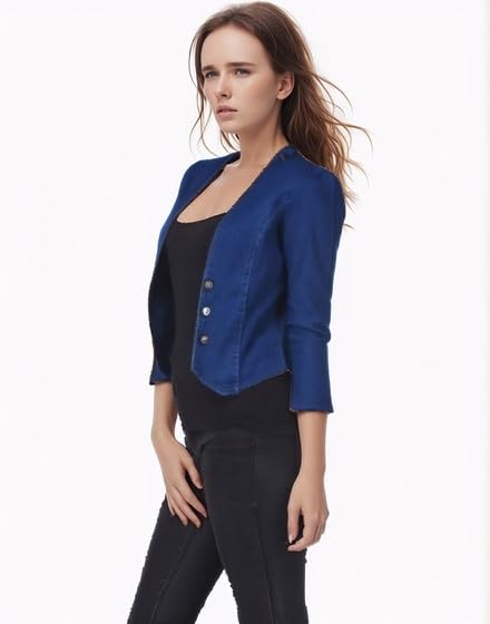 Image of Women's Blue Cropped Blazer, 3 /4 Sleeve, Button Front, Formal Jacket