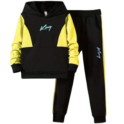 Xumplo Chándal para niños, sudadera con capucha y pantalones deportivos, conjunto de ropa casual de 2 piezas, 5-14 años, Negro Y Amarillo, 10-12 años