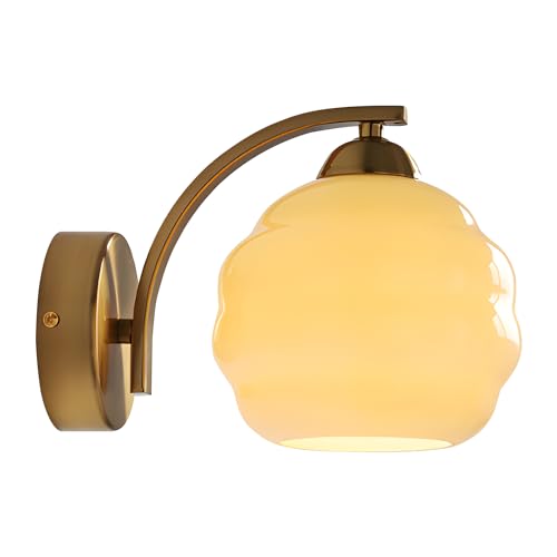 Image of Brushed Brass Wall Sconces 1 Light Mid Century Modern Antique Gold Wall Light Fixture with Yellow Globe Glass Shade Industrial Indoor Wall Lamps for Mirror Bedroom Hallway MCL13GD-1 (1 Pack)