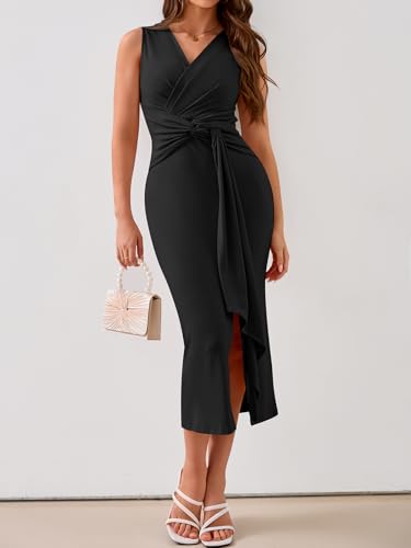 Image of YIOYOLA Womens Sleeveless Ruched V Neck Sheath Casual Party Midi Bodycon Dresses with Slit