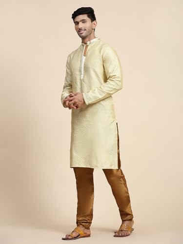 Image of SKAVIJ Men's Brocade Silk Embroidered Kurta Pajama Set Thread Work Festive Party Ethnic Dress