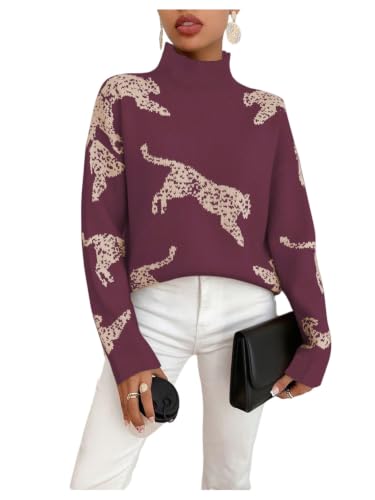 Image of WDIRARA Women's Leopard Tiger Print Sweater High Neck Long Sleeve Fuzzy Knitted Pullover Top