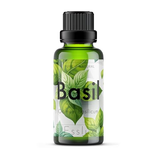 Image of Esslux Basil Essential Oil for Diffusers - 100% Pure & Natural Basil Oil for Skin Care, Aromatherapy, Massage, and Candle Making - Fresh, Herbaceous Scent for DIY, Fragrance, and Relaxation, 30ML