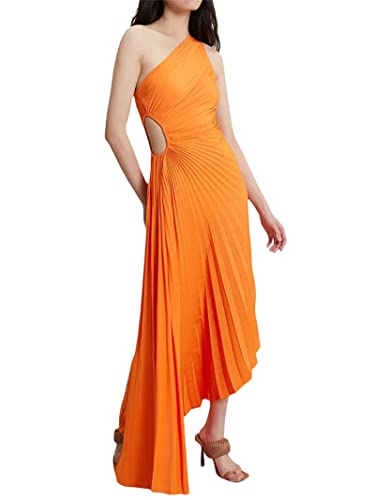 Yuemengxuan Women Elegant Maxi Dress One Shoulder Pleated Dress Hollow Out Bodycon Long Dress Evening Cocktail Party Dress (Orange, S) #TOP1