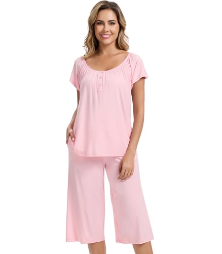 Image of NACHILA Bamboo Viscose Pajamas for Women Cooling Capri Pjs Short Sleeve Set