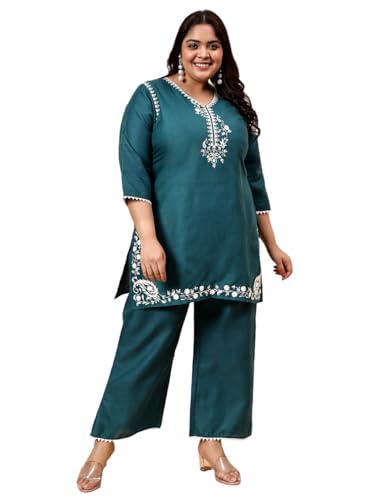 Image of Bani Women Emroidered Kurta Set Co-Ord Set Plus Size Top and Trouser Set 2 Piece Outfit, 3 /4 Sleeves Embroided V Neck, Coord Sets for Women| Western Dress, Stylish Design for All Occasions